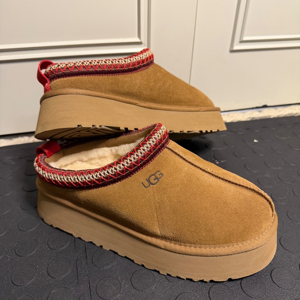 UGG Tazz II Platform Slipper Chestnut Suede Red Braid 1174471 Womens 7